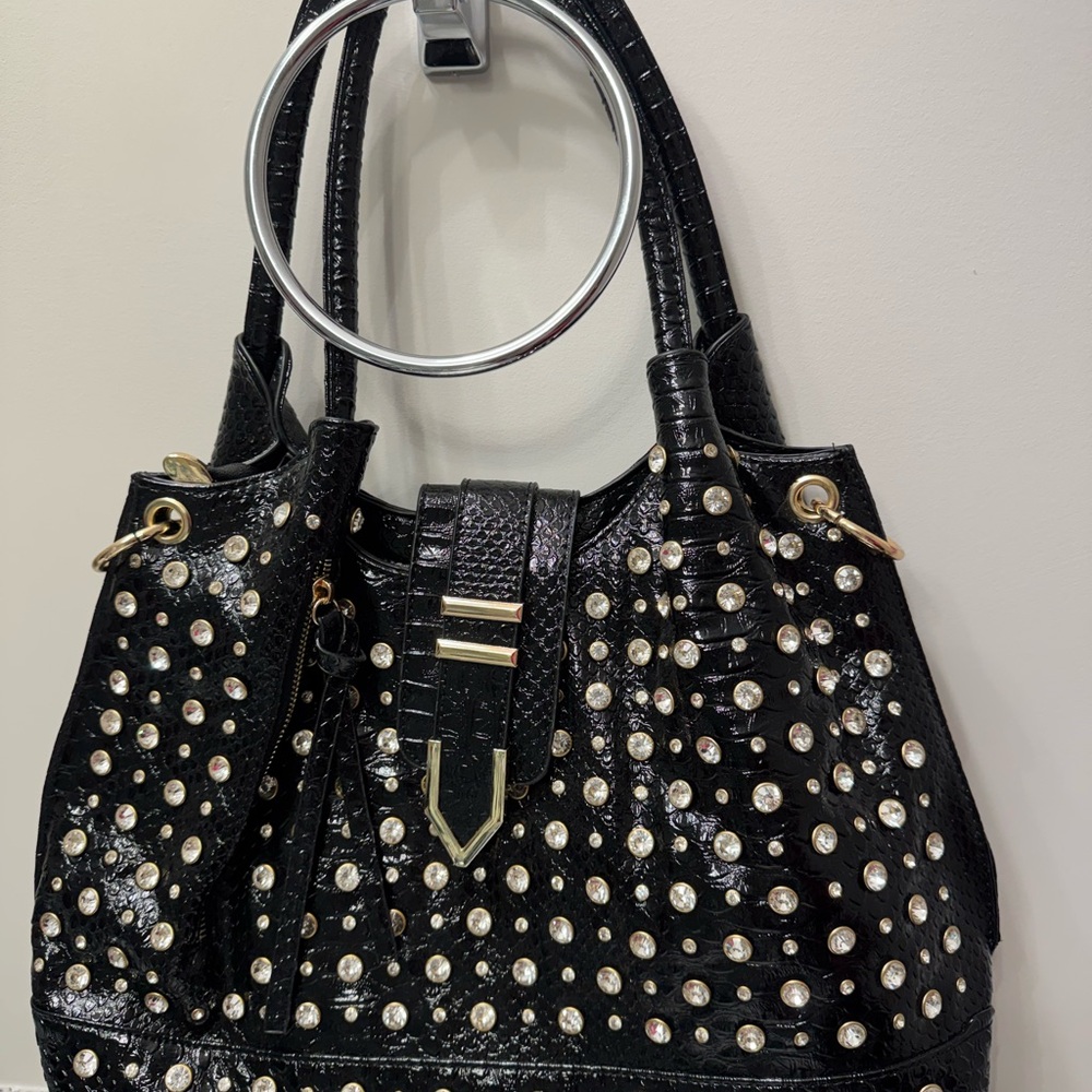 Traci Lynn Black and Gold Studded Shoulder Bag
